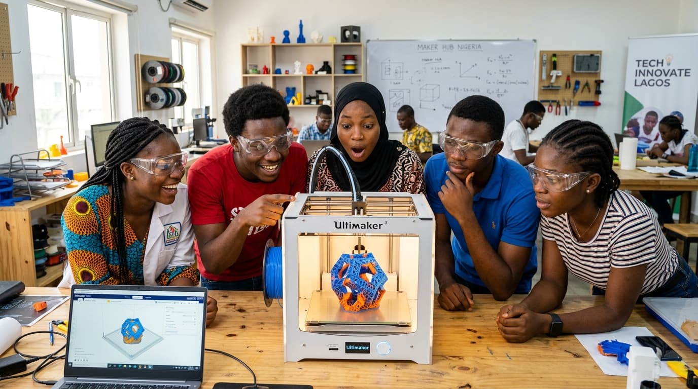 Students watching a 3D printer at work