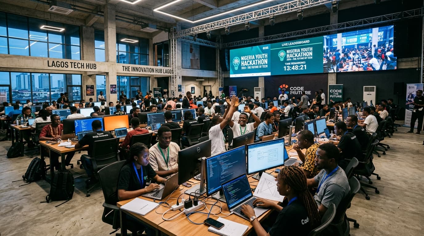 Youth participating in a coding hackathon event
