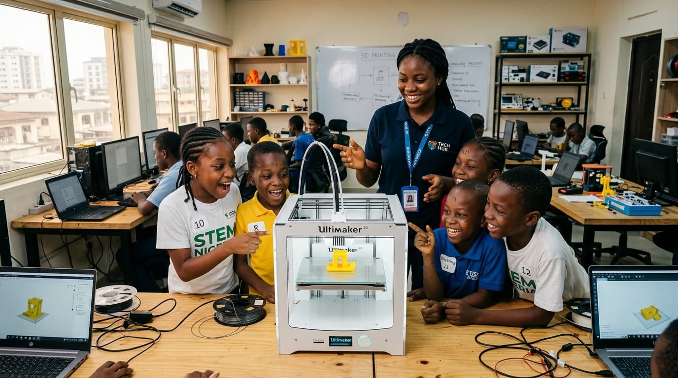 Children watching a 3D printer during a technology workshop