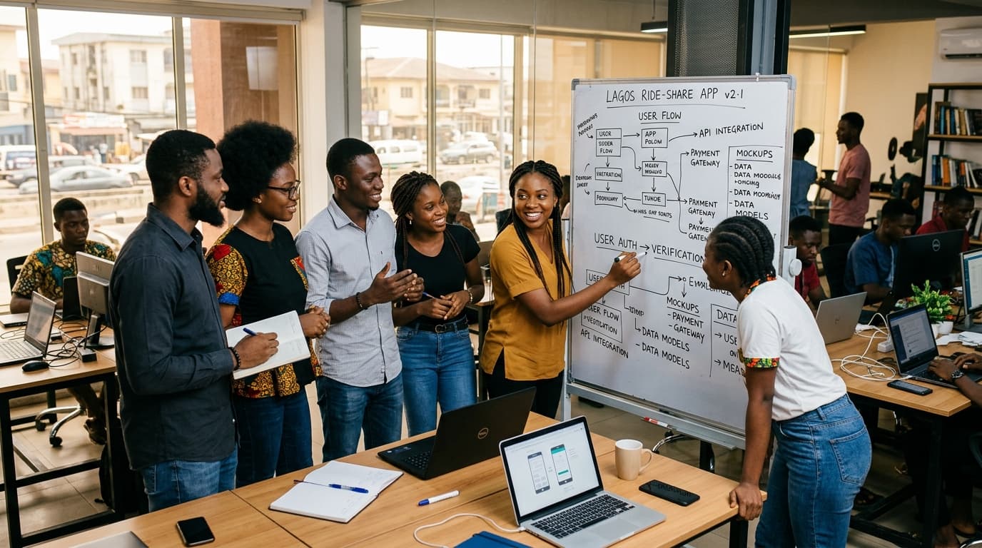 Young adults collaborating at a whiteboard