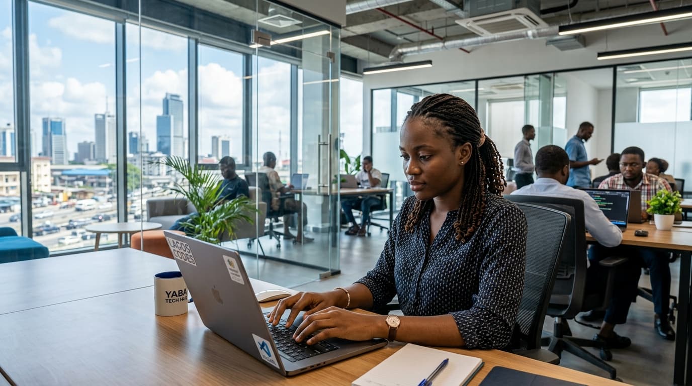 A young woman coding on a laptop