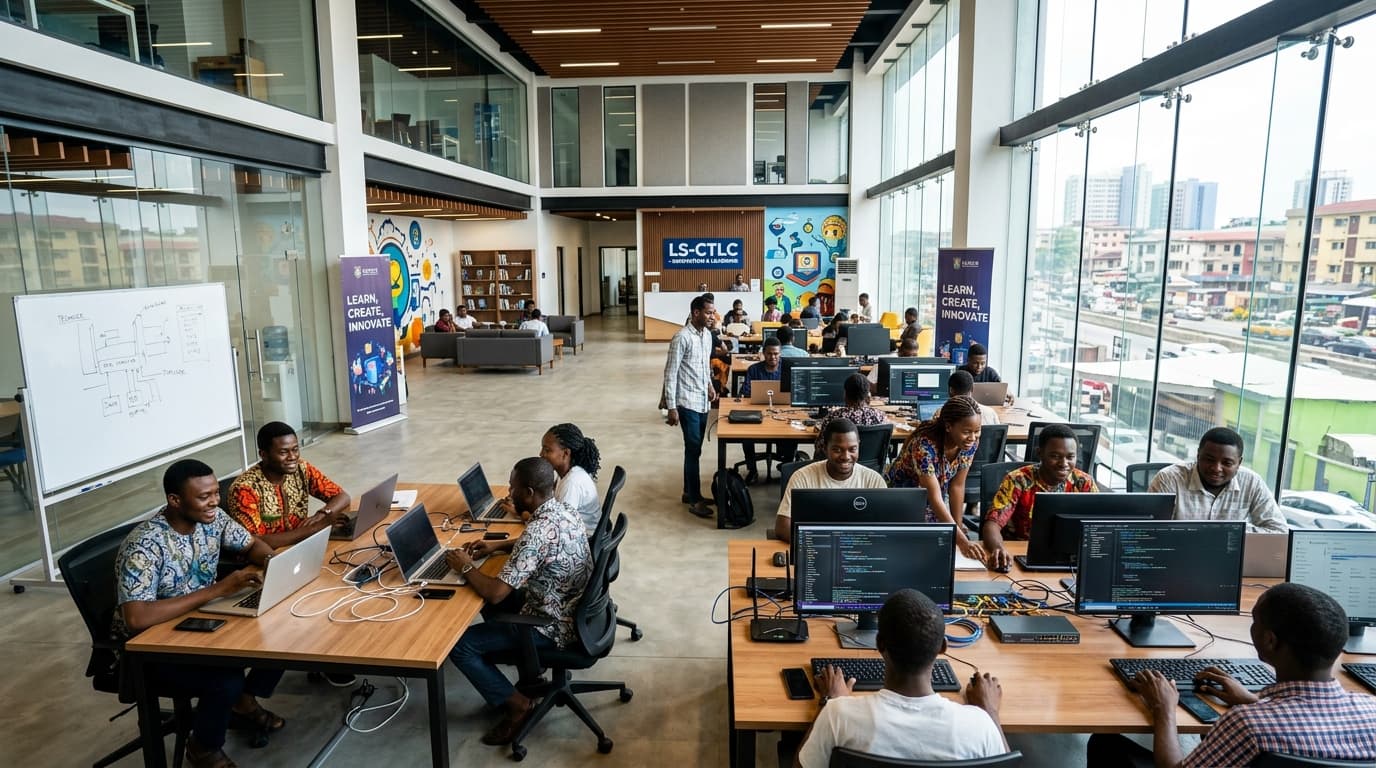 Youths collaborating at computers in a learning centre